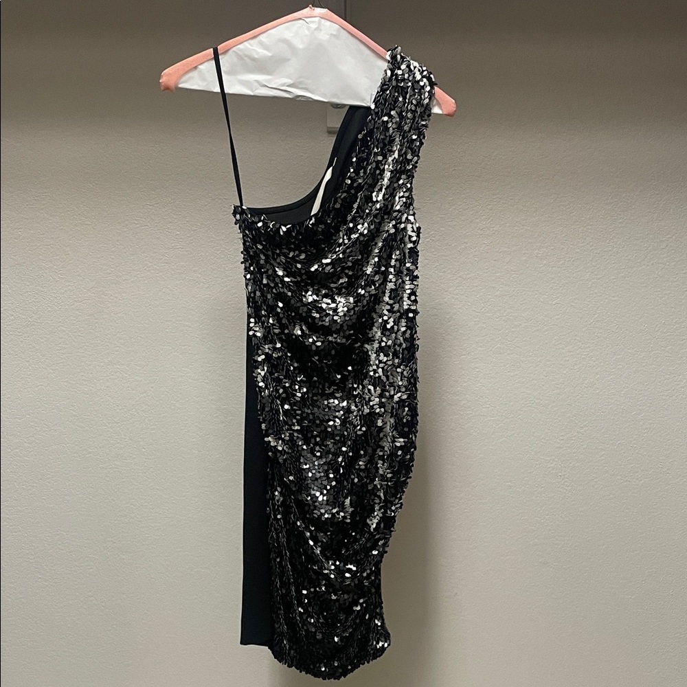 RACHEL Rachel Roy Black and Silver Sequin One-Shoulder Dress